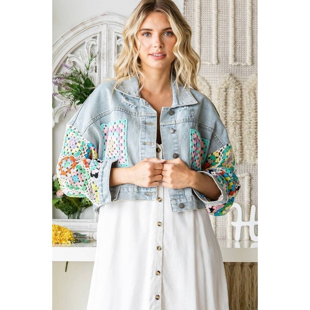 Veveret Crochet Granny Square Cropped Jean Jacket Blue Multi Size S